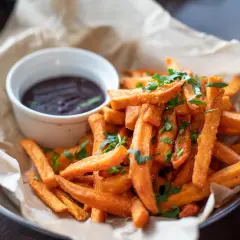 Słodkie frytki z batatów posypane natką pietruszki, podane z sosem BBQ. Idealna przekąska na 13 lipca nietypowe święta.