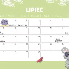 Kalendarz na **1 lipiec**. Wesoły koala z lodami i wakacyjne ozdoby. Dzień Psa, Dzień Ufo, Dzień Czekolady, Dzień Rekina.