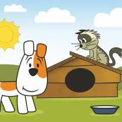 Pies i kot, bohaterowie bajek z dzieciństwa, patrzą na siebie na tle słonecznego dnia.