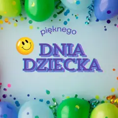 Kolorowe balony i konfetti tworzą radosną oprawę dla śmiesznych życzeń na Dzień Dziecka. Uśmiechnięta buźka dodaje zabawy!