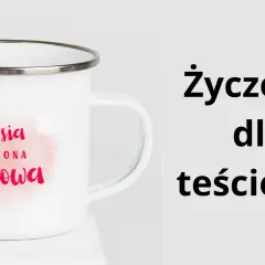 Biały kubek z napisem "Krysia ulubiona teściowa" i tekst "Życzenia dla teściowej". Idealny prezent!