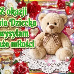Z okazji Dnia Dziecka wysyłam dużo miłości! Uroczy miś z kokardką, róże i kubek "Best Friend" tworzą radosną kompozycję.