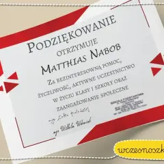 Dyplom z podziękowaniami dla nauczyciela dla Matthiasa Naboba za pomoc i zaangażowanie.