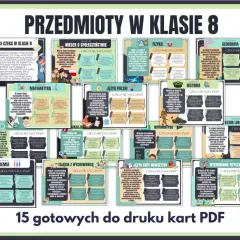 Przedmioty w klasie 8: matematyka, język polski, historia, fizyka, geografia, chemia, biologia, informatyka, WOS, religia/etyka, wychowanie fizyczne, język obcy.