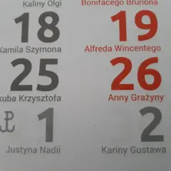 Fragment kalendarza z imieninami i datami: 18, 19, 25, 26, 1, 2.