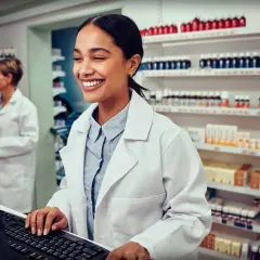 Uśmiechnięta farmaceutka przy komputerze w aptece. Dziś 25 września, kolejny pracowity dzień.