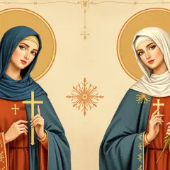 Dwie święte kobiety z aureolami. Jedna trzyma krzyż, druga gałązkę palmową. Obraz przypomina o 21 sierpnia.