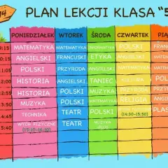 Plan lekcji klasy 5. W 6 klasie odchodzą przedmioty takie jak: technika, taniec, kultura, muzyka-plus.