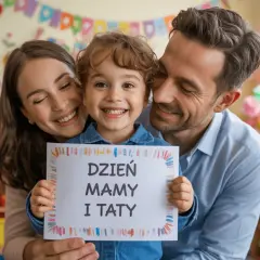 Uśmiechnięta rodzina świętuje Dzień Mamy i Taty. Dziecko trzyma kartkę z napisem "DZIEN MAMY I TATY".