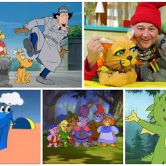 Kolaż z postaciami z **starych bajek dla dzieci**: Inspektor Gadżet, Gummy Bears, smok i inne.