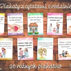 Plakaty z cytatami o rodzinie. Ilustracje przedstawiają szczęśliwe rodziny, dom, serce w dłoniach. Piękne cytaty o rodzinie.