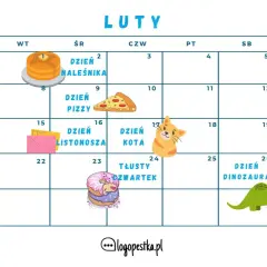 Kalendarz na luty. 14 lutego Walentynki, 24 lutego Tłusty Czwartek, a 26 Dzień Dinozaura.