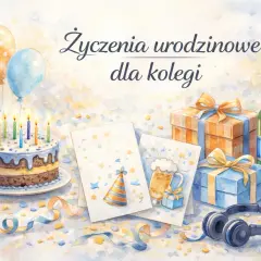 Wesołe życzenia urodzinowe dla kolegi: tort, balony, prezenty, piwo i słuchawki.
