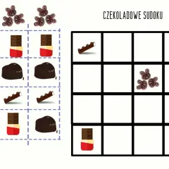 Czekoladowe łamigłówki na dzień czekolady: czekoladki, batoniki i ciasteczka w kształcie króliczków czekają na ułożenie w sudoku.