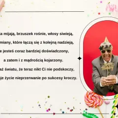 Wesołe życzenia urodzinowe dla brata! Radosny mężczyzna w okularach i czapce urodzinowej trzyma napis "Happy Birthday".