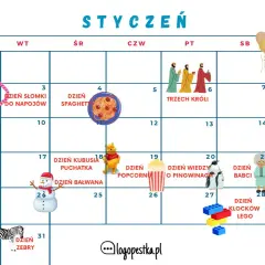 Kalendarz na **17 stycznia** pokazuje Dzień Kubusia Puchatka i Dzień Bałwana. W styczniu obchodzimy też Dzień Trzech Króli, Dzień Spaghet, Dzień Śniegu i Dzień Dziadka.