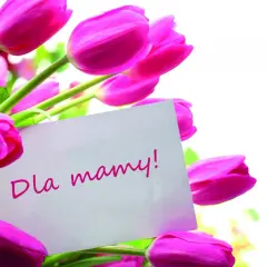 Różowe tulipany z kartką "Dla mamy!". Idealny pomysł, co kupić mamie na urodziny.