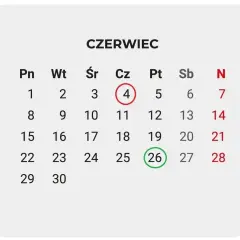 Kalendarz Czerwiec. Zaznaczono 4 i 26. Co jest 26 czerwca?