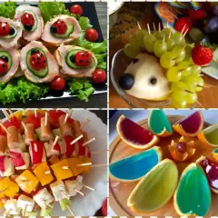 Kolorowe przekąski na urodziny dziecka: kanapeczki-biedronki, jeżyk z owoców, szaszłyki warzywne i galaretki w pomarańczach.