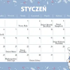 Kalendarz na styczeń. 5 stycznia to niedziela. W tym miesiącu obchodzimy Nowy Rok, Trzech Króli i Dzień Kubusia Puchatka.