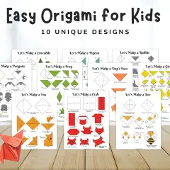 Zestaw instrukcji "Easy Origami for Kids" pokazuje, jak krok po kroku tworzyć zwierzątka z papieru.