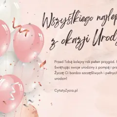 Różowe i białe balony unoszą się w powietrzu, tworząc radosną atmosferę. To idealne tło dla życzeń urodzinowych dla siostry.