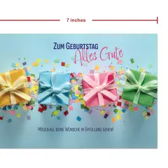 Kolorowe pudełka z prezentami i konfetti. Napis "Zum Geburtstag Alles Gute" i "Mögen all deine Wünsche in Erfüllung gehen!" to życzenia urodzinowe po niemiecku.