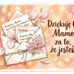 Piękne kartki życzenia na Dzień Mamy z kopertą, kwiatami i wzruszającymi słowami: "Kochana Mamo, tak bardzo Cię kocham...", "Dziękuję Ci Mamo za to, że jesteś!".