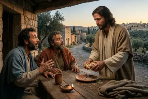 24 kwietnia nietypowe święta. Jezus łamie chleb z uczniami przy stole, w tle wiejska sceneria.