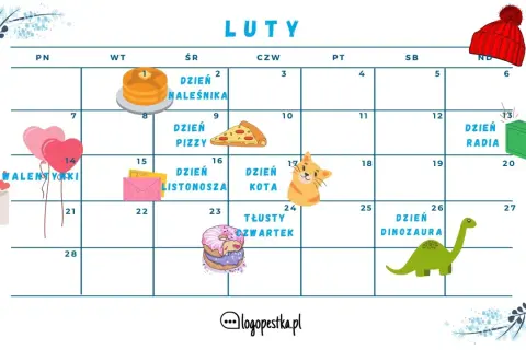 Kalendarz na luty. 14 lutego Walentynki, 24 lutego Tłusty Czwartek, a 26 Dzień Dinozaura.