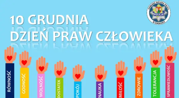 10 grudnia, Dzień Praw Człowieka. Dłonie symbolizujące równość, godność, wolność, dostatek, pokój, naukę, miłość, zdrowie, tolerancję i sprawiedliwość.