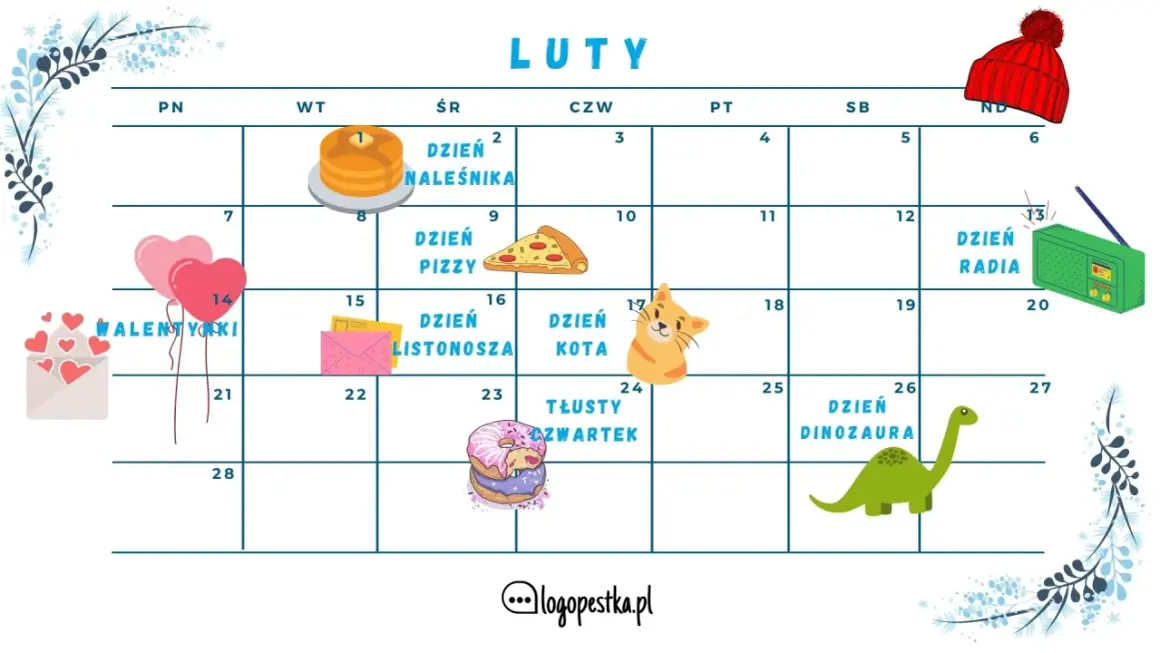 Kalendarz na luty. 14 lutego Walentynki, 24 lutego Tłusty Czwartek, a 26 Dzień Dinozaura.