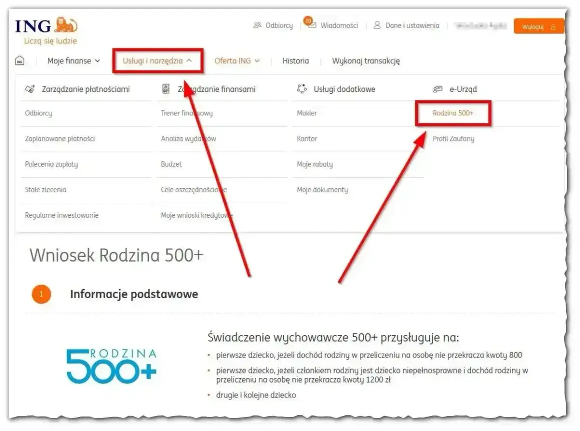 Wniosek Rodzina 500+ w ING. Kliknij "Rodzina 500+" w "Usługi i narzędzia", aby złożyć wniosek.