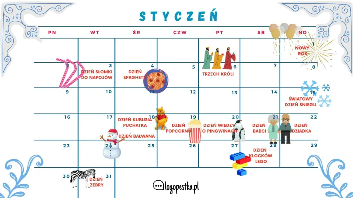 Kalendarz na **17 stycznia** pokazuje Dzień Kubusia Puchatka i Dzień Bałwana. W styczniu obchodzimy też Dzień Trzech Króli, Dzień Spaghet, Dzień Śniegu i Dzień Dziadka.