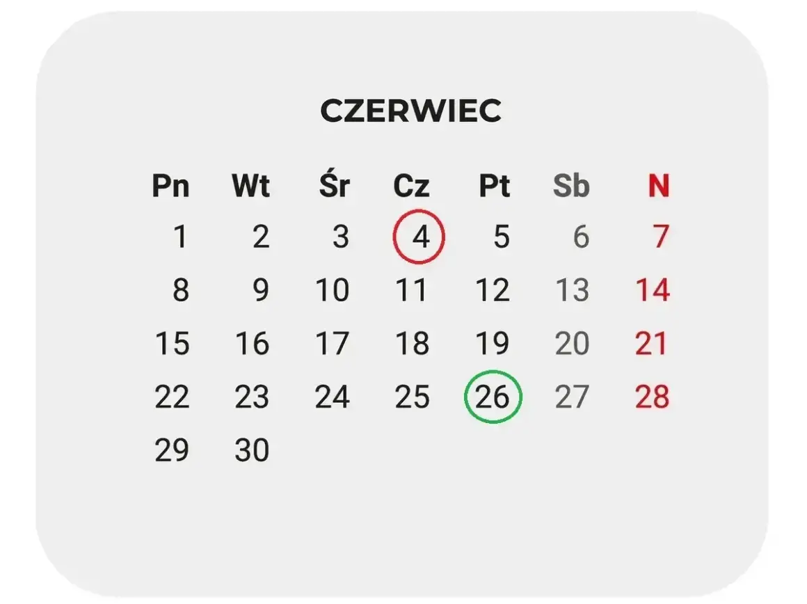 Kalendarz Czerwiec. Zaznaczono 4 i 26. Co jest 26 czerwca?