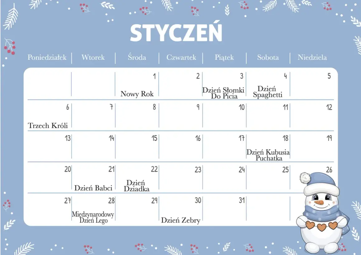 Kalendarz na styczeń. 5 stycznia to niedziela. W tym miesiącu obchodzimy Nowy Rok, Trzech Króli i Dzień Kubusia Puchatka.