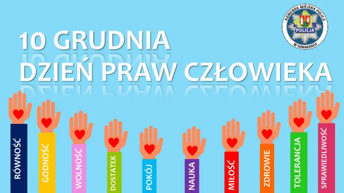10 grudnia, Dzień Praw Człowieka. Dłonie symbolizujące równość, godność, wolność, dostatek, pokój, naukę, miłość, zdrowie, tolerancję i sprawiedliwość.