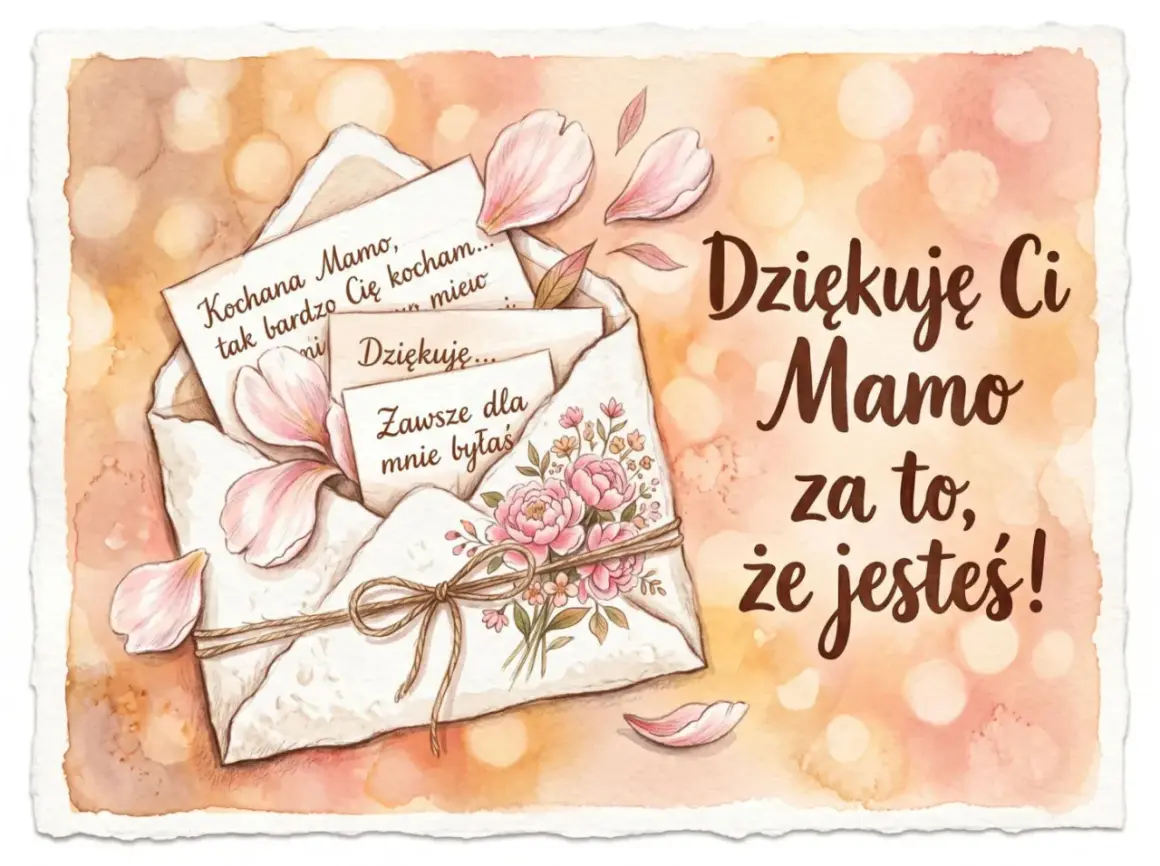 Piękne kartki życzenia na Dzień Mamy z kopertą, kwiatami i wzruszającymi słowami: "Kochana Mamo, tak bardzo Cię kocham...", "Dziękuję Ci Mamo za to, że jesteś!".