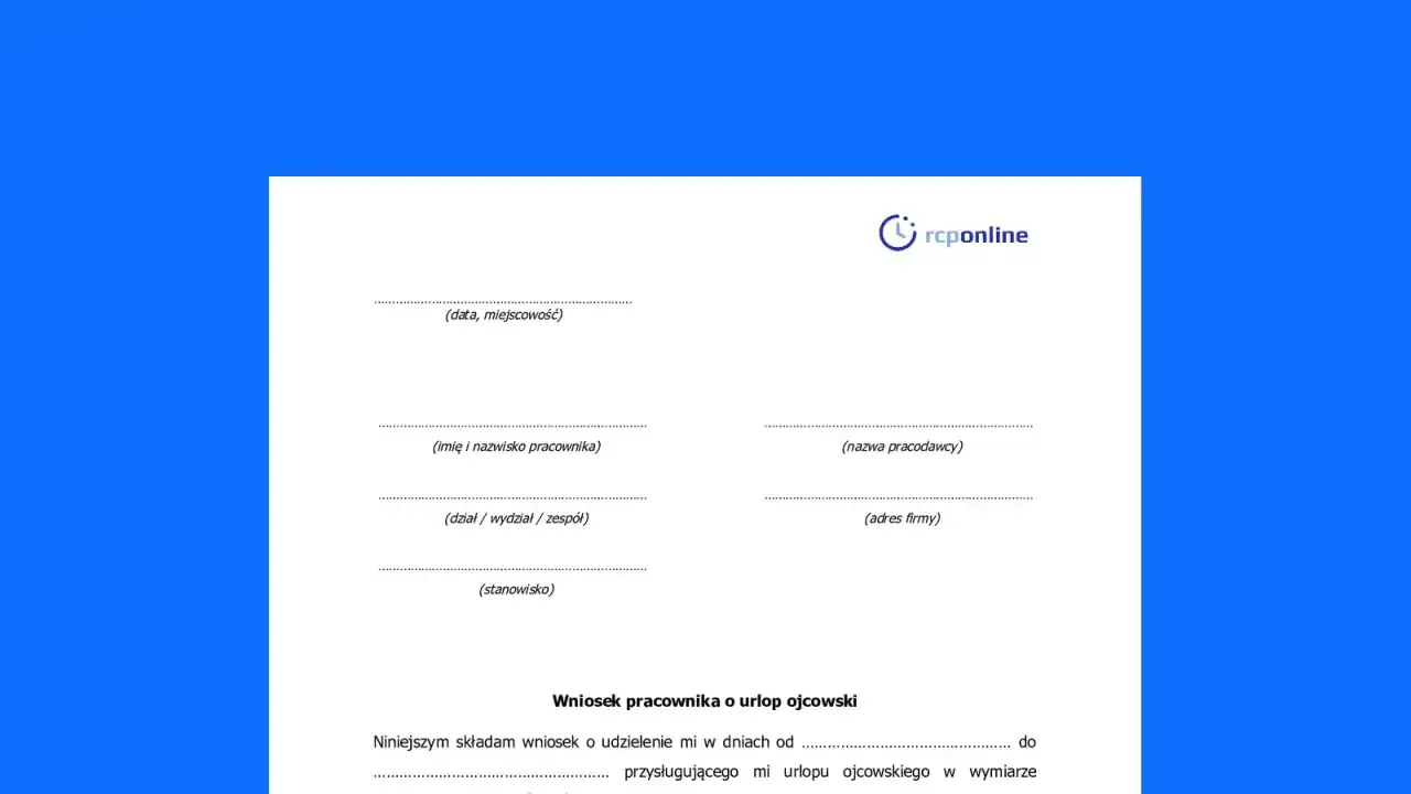 Wniosek o urlop rodzicielski. Formularz zawiera pola na dane pracownika, pracodawcy oraz daty i wymiar urlopu.