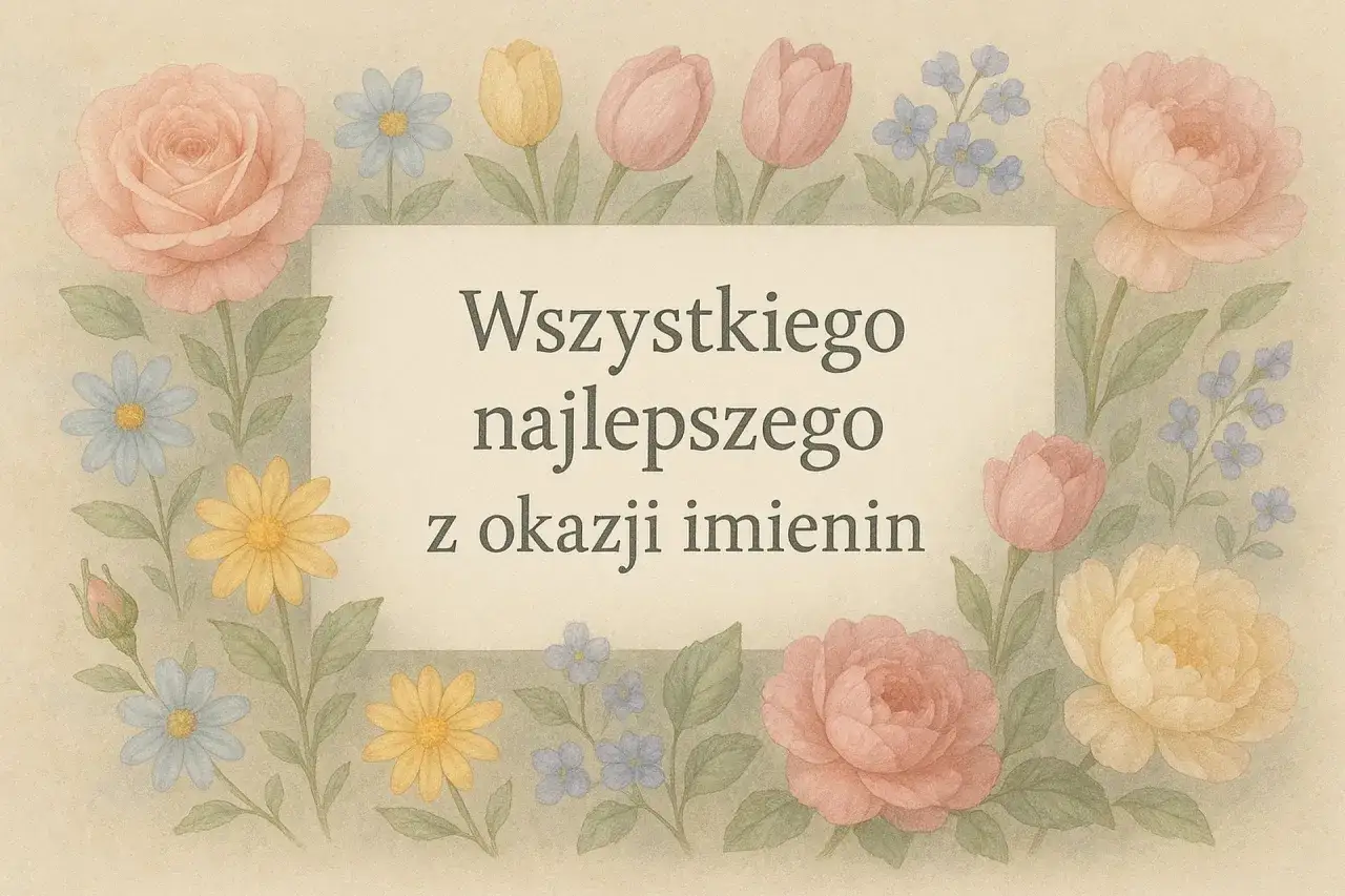 Wszystkiego najlepszego z okazji imienin! Delikatne kwiaty otaczają napis, tworząc pastelową, radosną kompozycję.