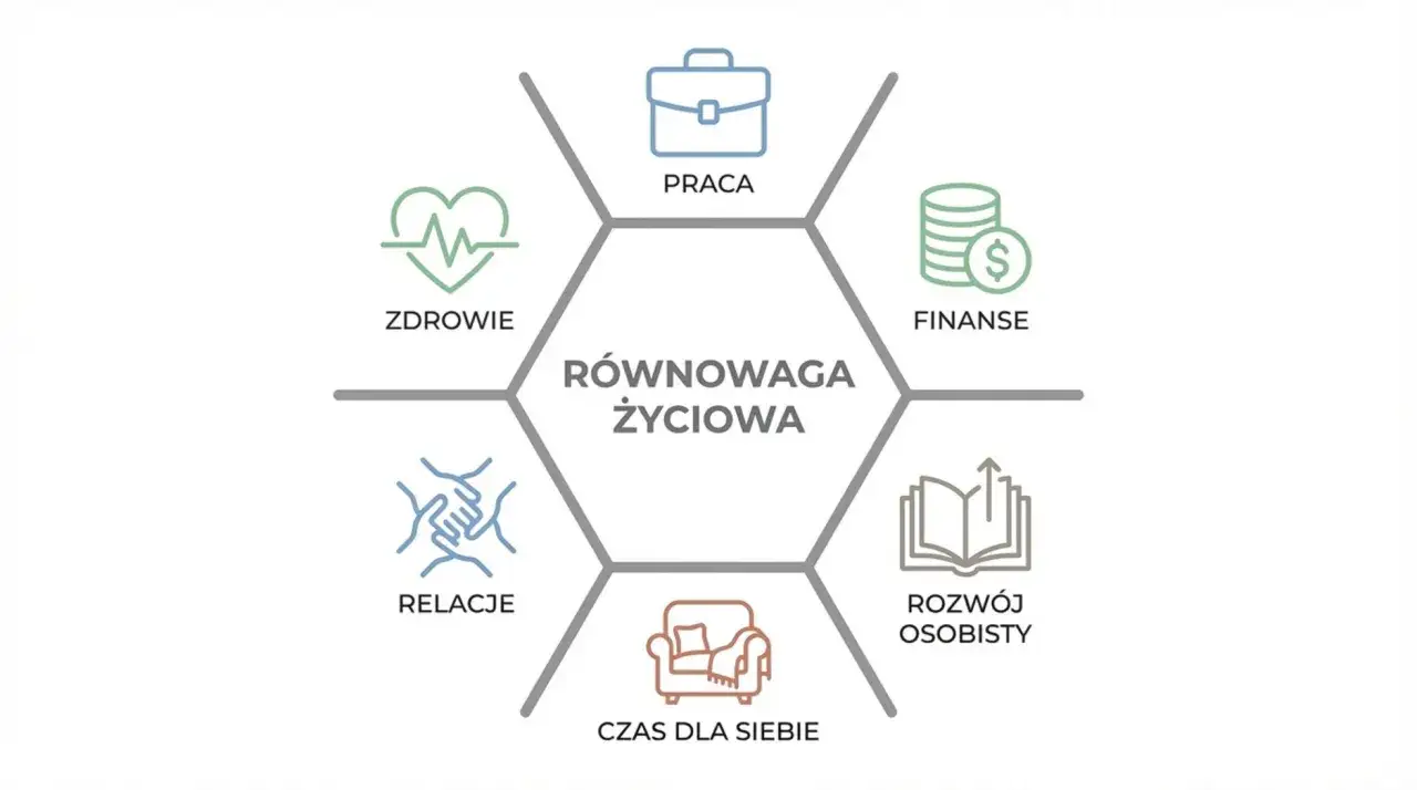 Sześciokąt przedstawiający równowagę życiową: praca, zdrowie, relacje, czas dla siebie, rozwój osobisty, finanse. Analiza tych obszarów pomaga odkryć słabe strony.