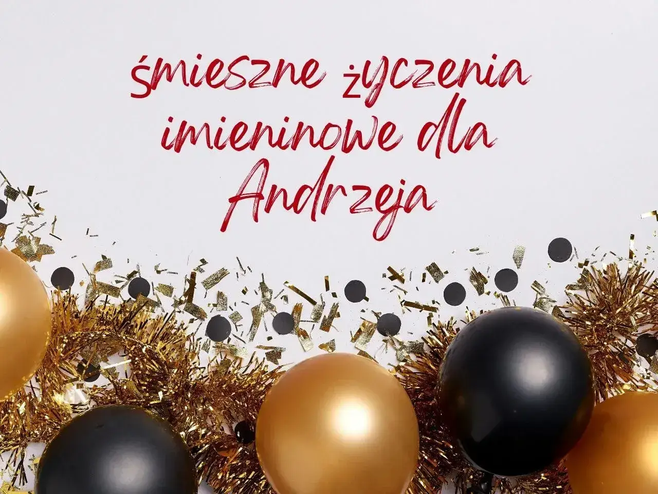 Złote i czarne balony, błyszczące konfetti i napis 