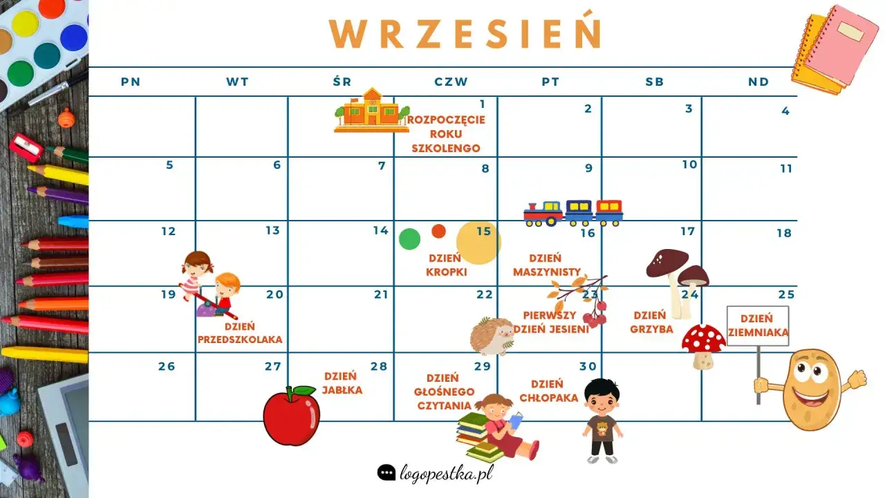Kalendarz na wrzesień: 1. Rozpoczęcie roku szkolnego, 15. Dzień Kropki, 23. Pierwszy dzień jesieni, 24. Dzień Grzyba, 25. Dzień Ziemniaka, 28. Dzień Jabłka, 29. Dzień Głośnego Czytania, 30. Dzień Chłopaka.