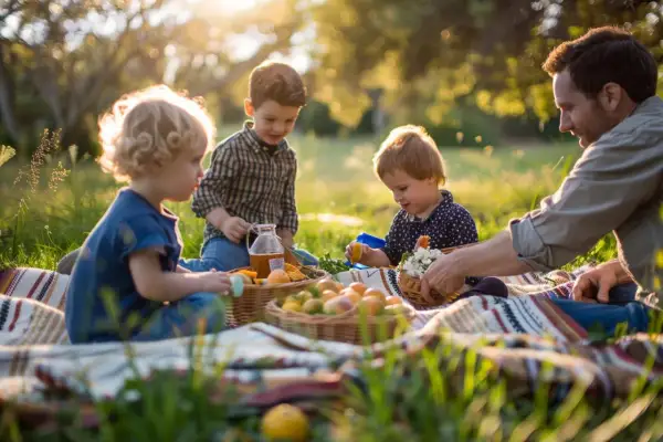 Ojciec z dziećmi na pikniku. Radosne chwile, gdy rodzina spędza czas razem, to idealny sposób na aktywnie w domu dla każdego.