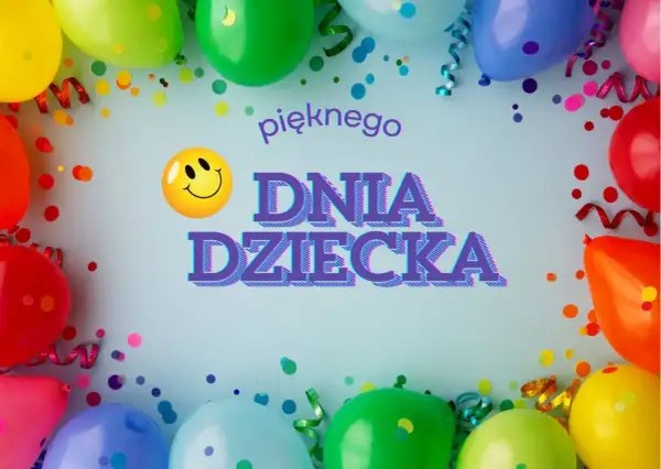 Kolorowe balony i konfetti tworzą radosną oprawę dla śmiesznych życzeń na Dzień Dziecka. Uśmiechnięta buźka dodaje zabawy!