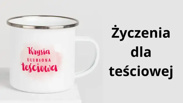 Biały kubek z napisem "Krysia ulubiona teściowa" i tekst "Życzenia dla teściowej". Idealny prezent!