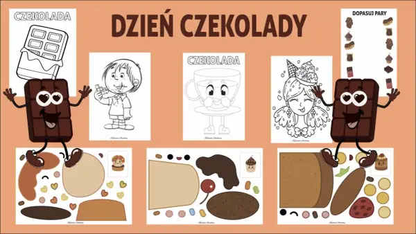 Zabawy plastyczne na dzień czekolady w przedszkolu: kolorowanki, wycinanki i dopasowywanie par słodkości.