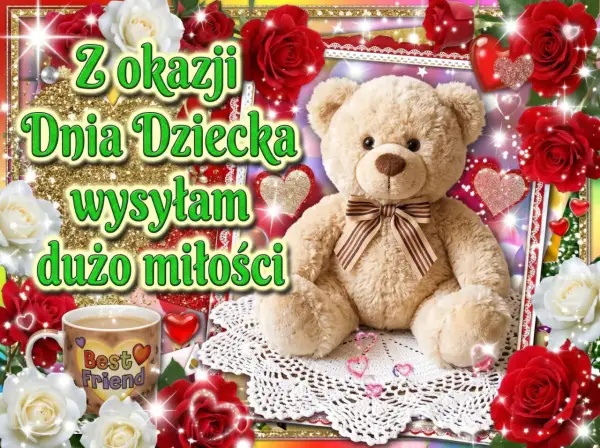 Z okazji Dnia Dziecka wysyłam dużo miłości! Uroczy miś z kokardką, róże i kubek "Best Friend" tworzą radosną kompozycję.