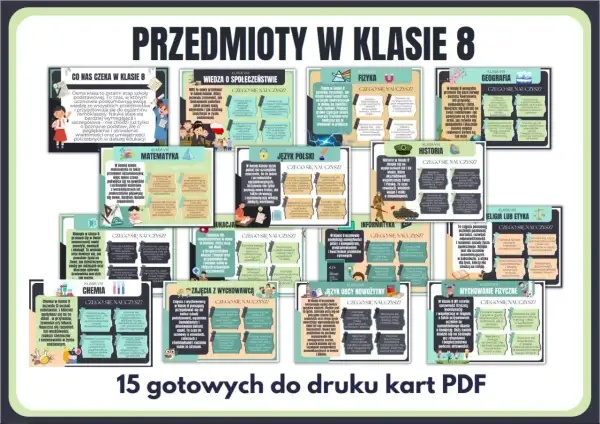Przedmioty w klasie 8: matematyka, język polski, historia, fizyka, geografia, chemia, biologia, informatyka, WOS, religia/etyka, wychowanie fizyczne, język obcy.