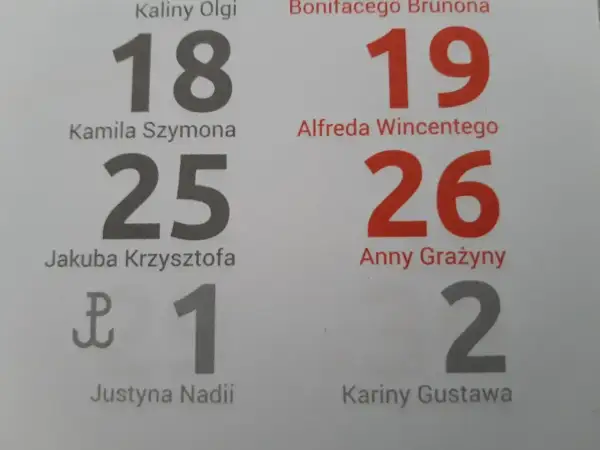 Fragment kalendarza z imieninami i datami: 18, 19, 25, 26, 1, 2.